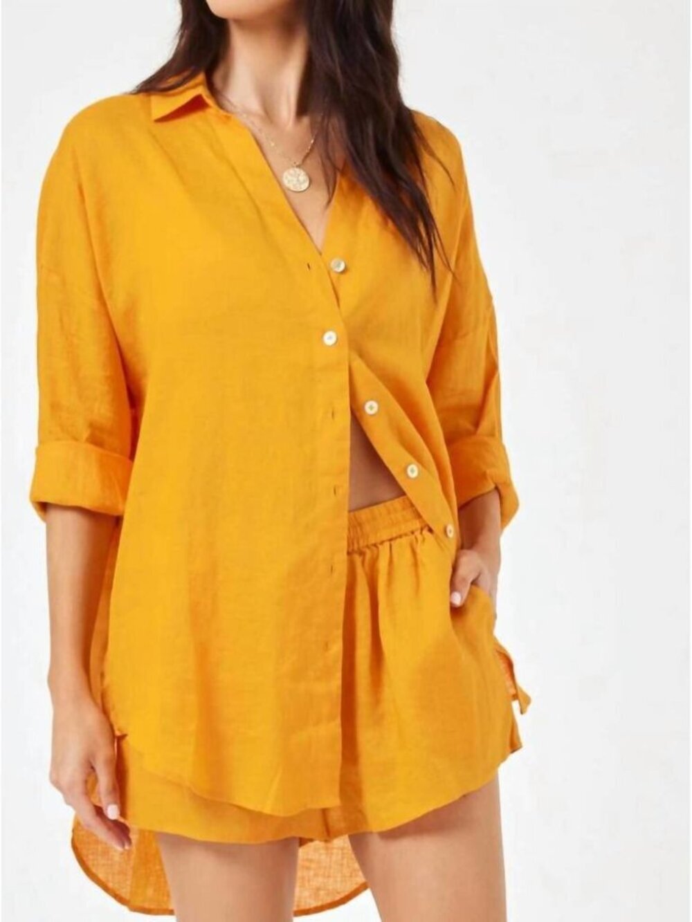 New L*Space Rio Tamarind 100% Linen Oversize Swim Beach Cover-Up Tunic Shirt M/L